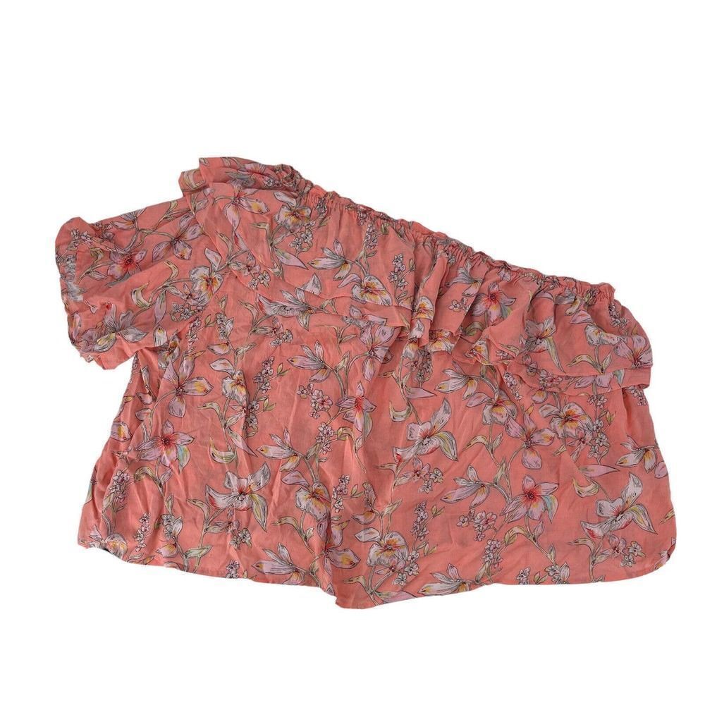 One Shoulder Floral Top Pink Womens Size 4X Ruffle Boho Beach Blouse Lightweight